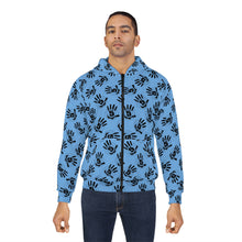Load image into Gallery viewer, Blue All-Over Black Handprint Zip Hoodie – Bold Graphic AOP Pullover