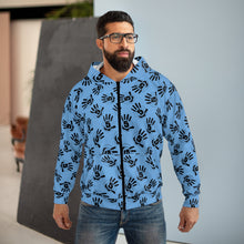 Load image into Gallery viewer, Blue All-Over Black Handprint Zip Hoodie – Bold Graphic AOP Pullover