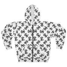 Load image into Gallery viewer, White All-Over Black Handprint Zip Hoodie – Bold Graphic AOP Pullover