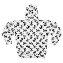 Load image into Gallery viewer, White All-Over Black Handprint Zip Hoodie – Bold Graphic AOP Pullover