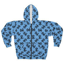 Load image into Gallery viewer, Blue All-Over Black Handprint Zip Hoodie – Bold Graphic AOP Pullover

