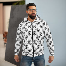 Load image into Gallery viewer, White All-Over Black Handprint Zip Hoodie – Bold Graphic AOP Pullover
