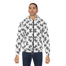 Load image into Gallery viewer, White All-Over Black Handprint Zip Hoodie – Bold Graphic AOP Pullover
