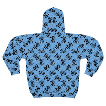 Load image into Gallery viewer, Blue All-Over Black Handprint Zip Hoodie – Bold Graphic AOP Pullover
