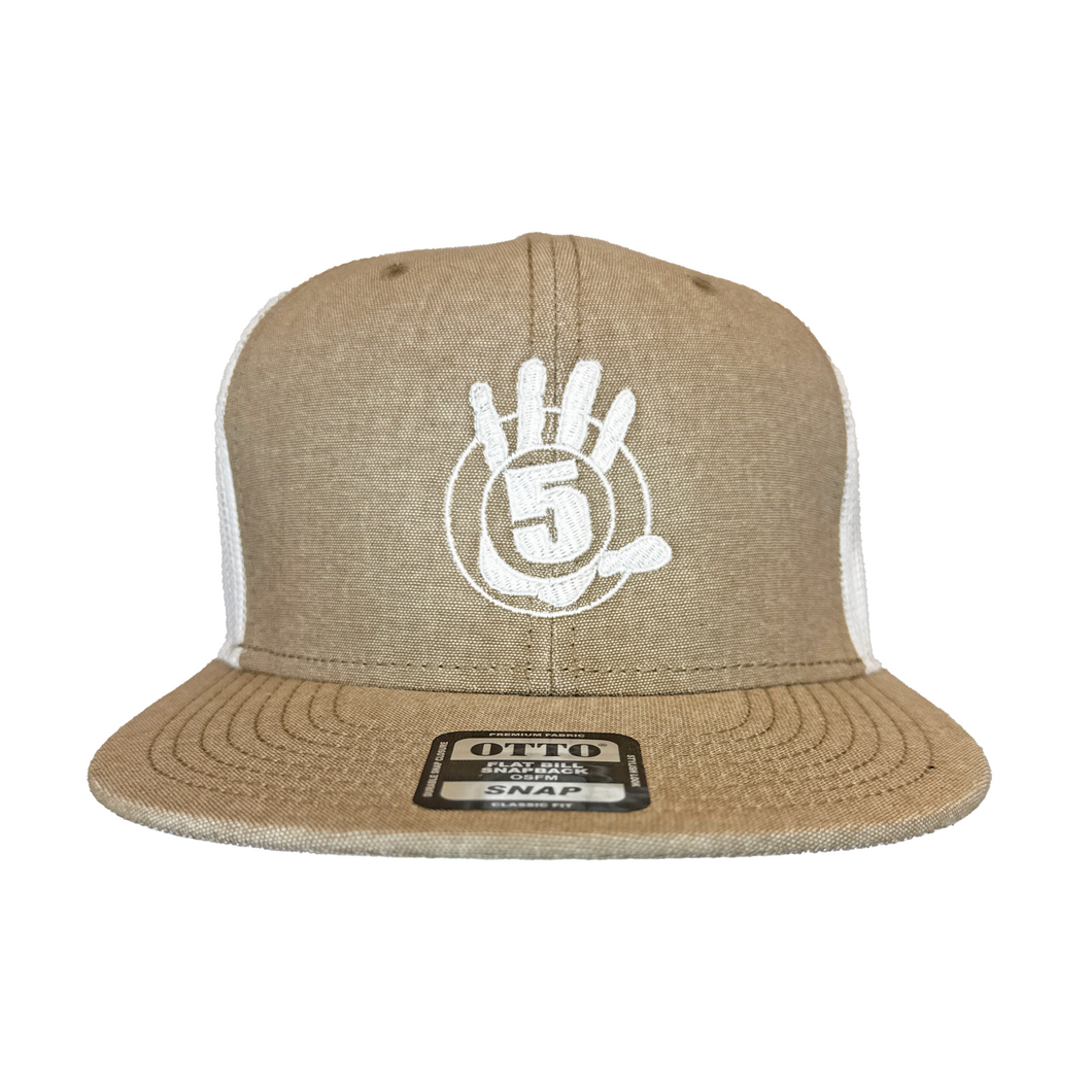Tan Flat Bill with White Mesh with White Logo
