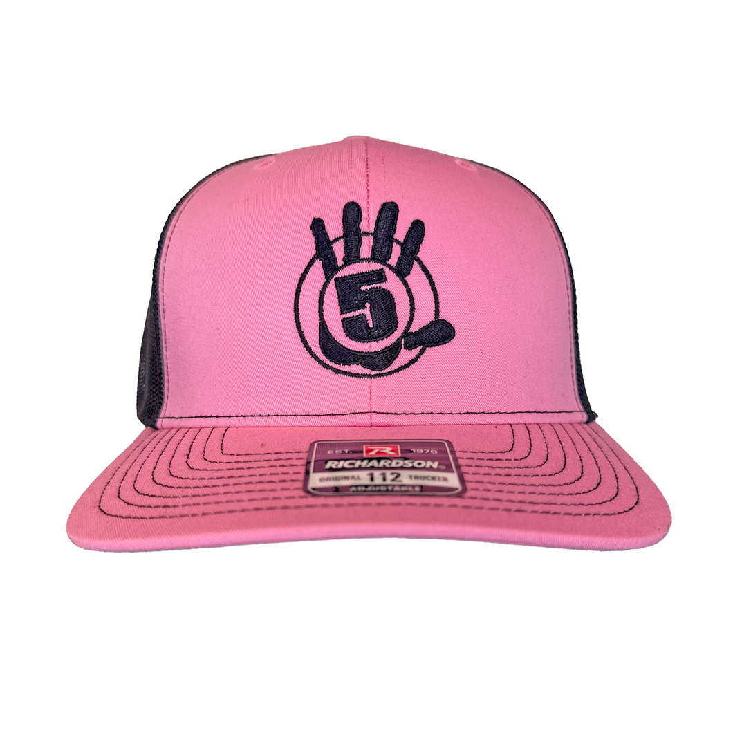 Pink Trucker Hat with Black Mesh and Black Logo