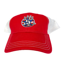 Load image into Gallery viewer, Red Curved Brim Trucker with Stripes Logo
