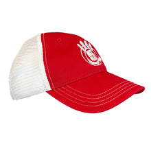 Load image into Gallery viewer, Red Curved Brim Trucker with White Logo
