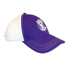Load image into Gallery viewer, Purple Curved Brim Trucker with White Logo
