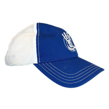 Load image into Gallery viewer, Blue Curved Brim Trucker with White Logo
