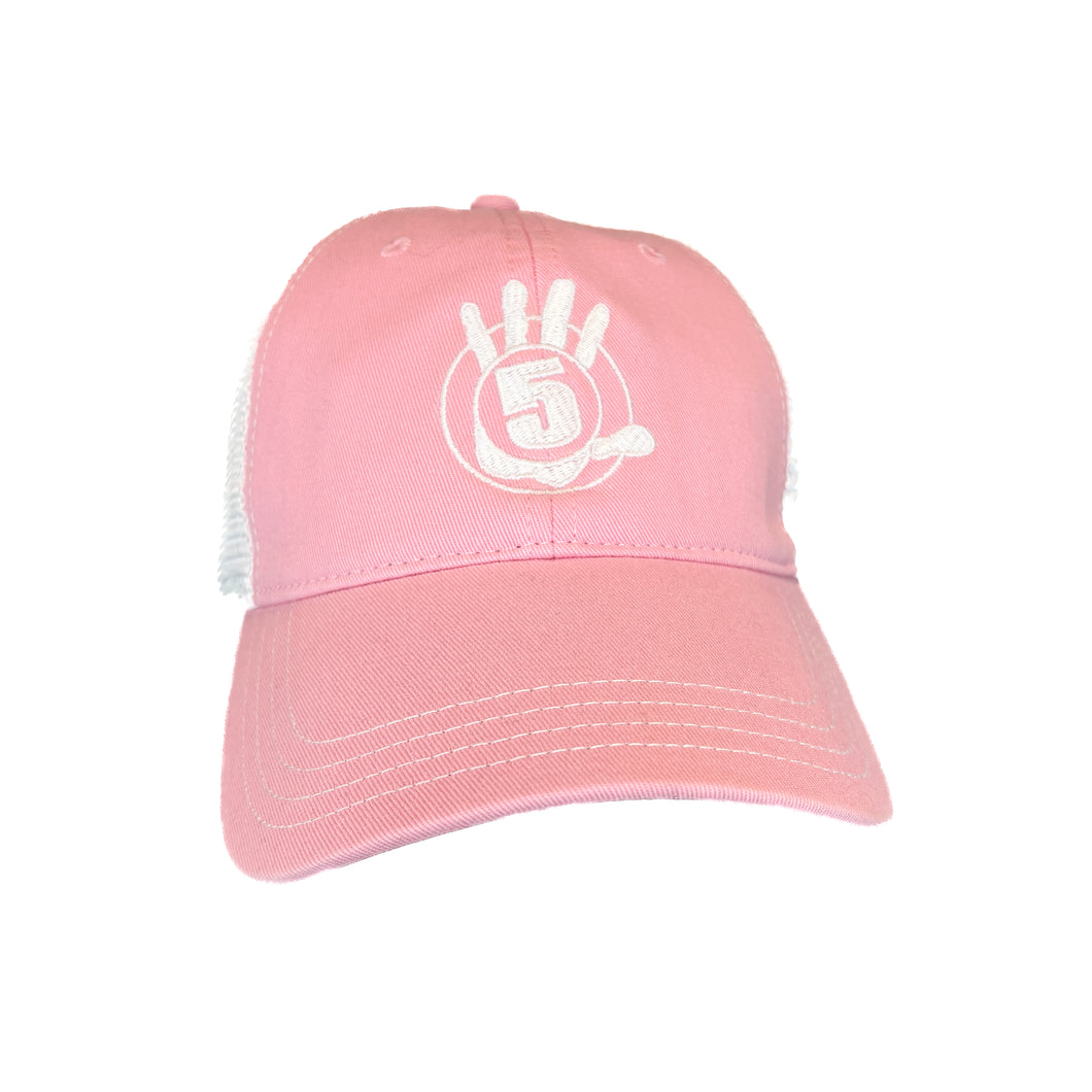 Pink Curved Brim Trucker with White Logo
