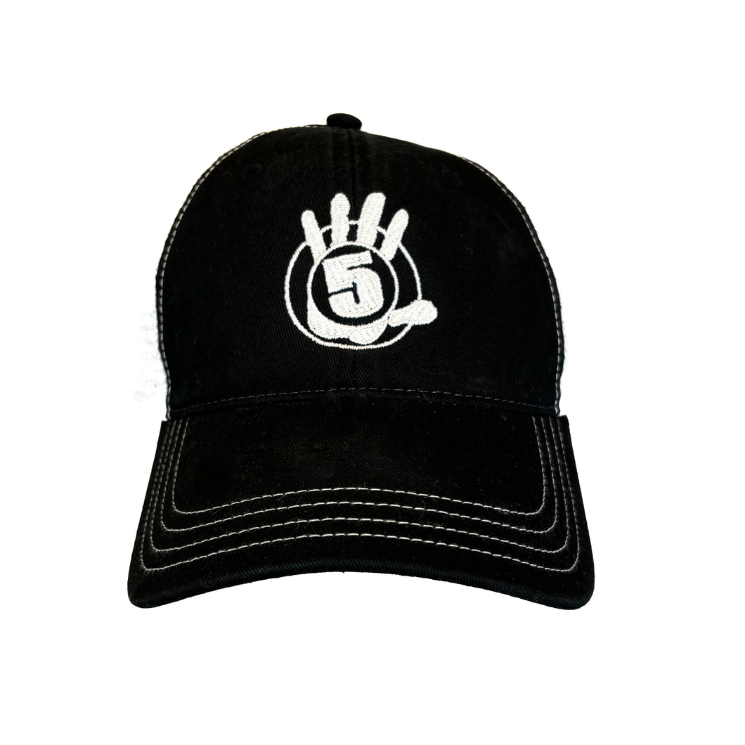 Black Curved Brim Trucker with White Logo