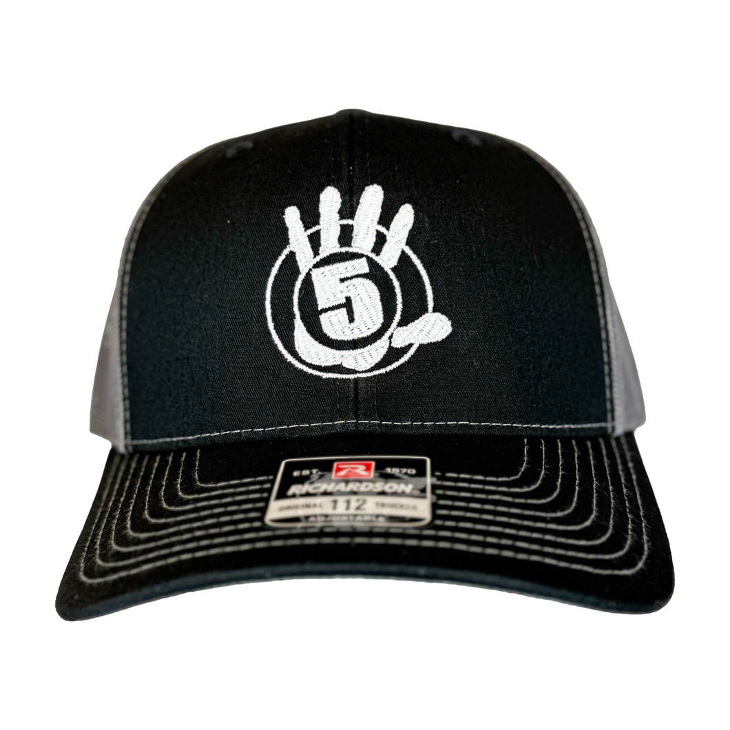 Black Trucker Hat with Gray Mesh and White Logo