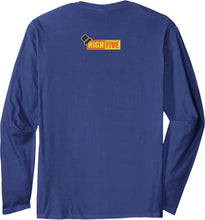 Load image into Gallery viewer, Blue long-sleeve shirt with 'High Five' logo on the back against a white background
