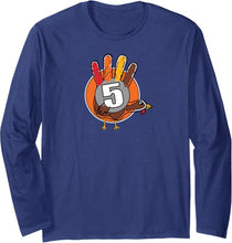 Load image into Gallery viewer, Blue long-sleeve shirt with a turkey graphic and number 5 on a white background

