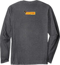 Load image into Gallery viewer, Gray long-sleeve shirt with 'High Five' logo on the back against a white background
