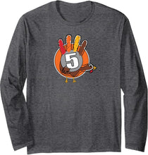 Load image into Gallery viewer, Gray long-sleeve shirt with a turkey and number 5 design on a white background
