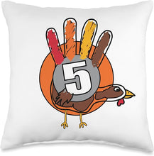 Load image into Gallery viewer, Decorative pillow with a handprint turkey design featuring the number 5 on a white background
